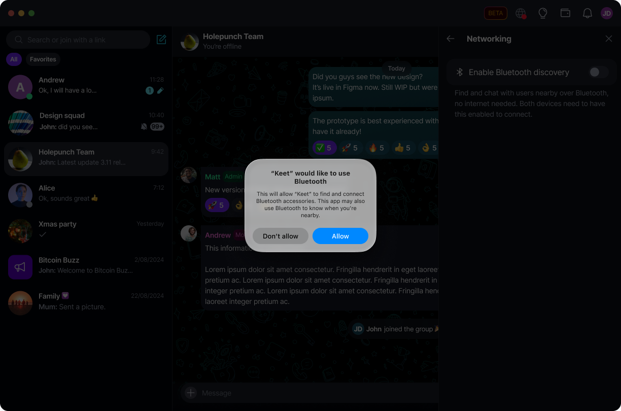 Chat over Bluetooth π‘ Β· Desktop The first time you enable it, your device asks for permission to use Bluetooth. Allow it to continue:.
