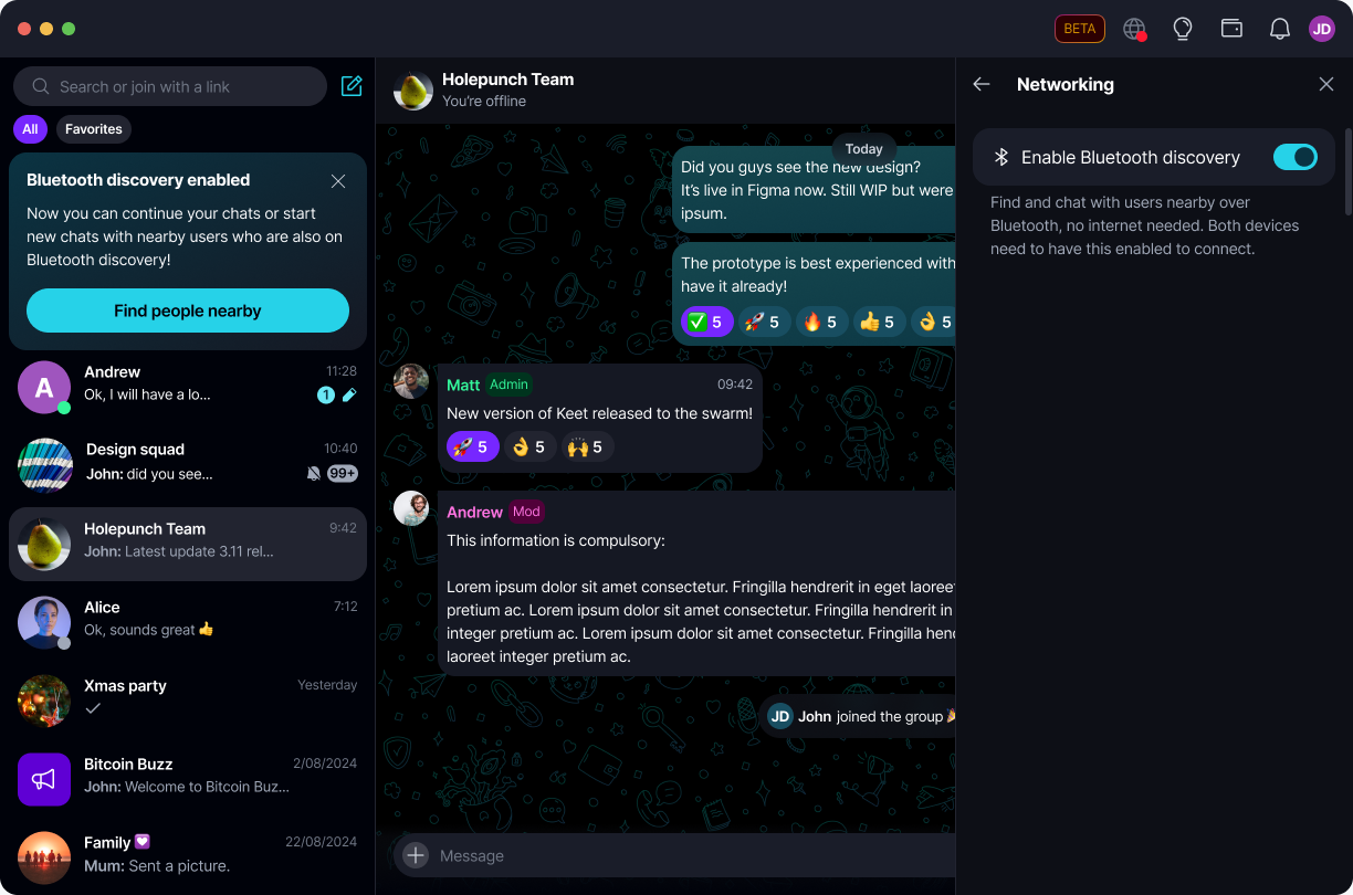 Chat over Bluetooth π‘ Β· Desktop βEnable Bluetooth discovery' is now on.