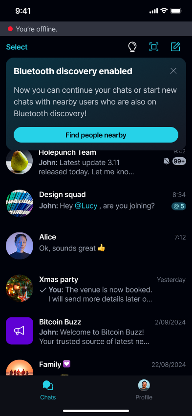 Chat over Bluetooth π‘ Once discovery is on, a 'Bluetooth discovery enabled' banner appears at the top of your chat list with a 'Fβ¦.