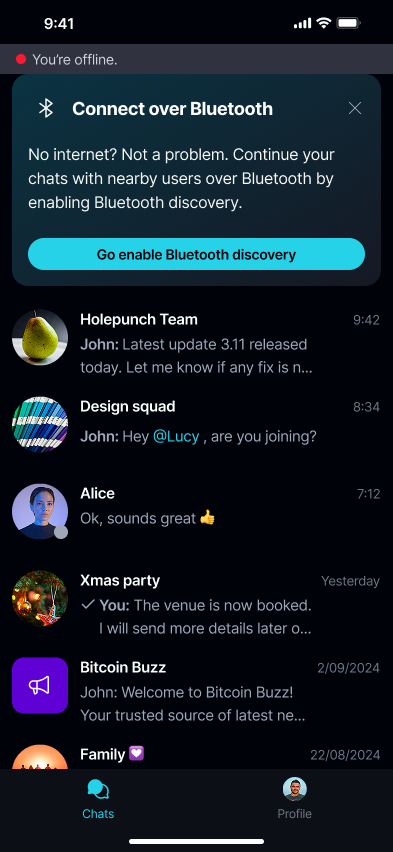 Chat over Bluetooth π‘ If you go offline in an existing DM, Keet shows a prompt to continue that conversation over Bluetooth:.