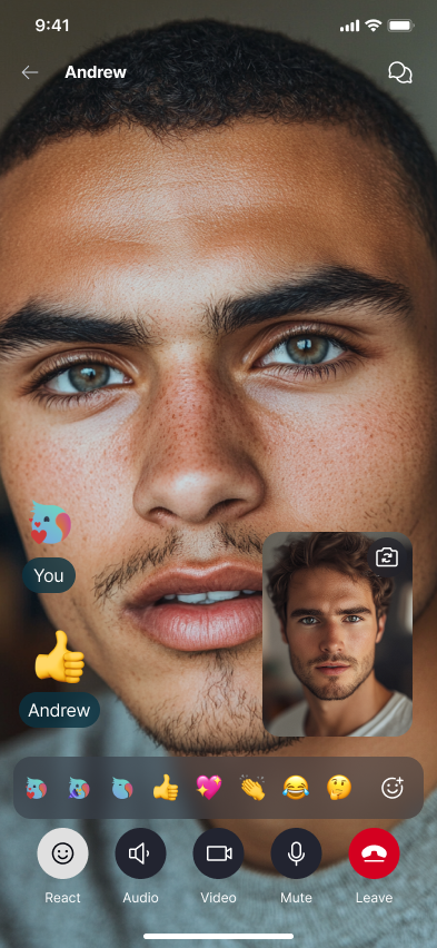 Call Reactions π Β· Mobile While in a call, tap 'React' to open the reaction picker, then choose an emoji.